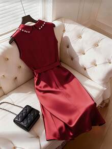 Franclia Women's Minimalist Metal Buckle Waist Belt Casual Holiday Mini Dress, Collar With Bubble Pearls, Elegant For Outings And Gatherings - Burgundy - View 2