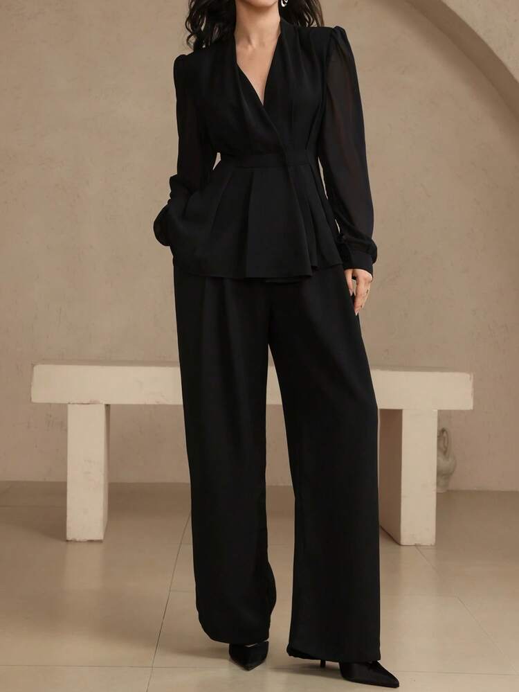 Women's V-Neck Cinched Waist Long Sleeve Shirt And Loose Straight Leg Pants 2 Pieces Set, Casual & Elegant