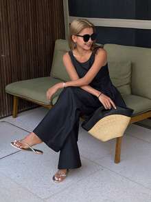 DAZY Women's Round Neck Sleeveless Ruffle Hem Denim Top And Loose Straight Leg Jeans Casual Suit - Dark Grey - View 5