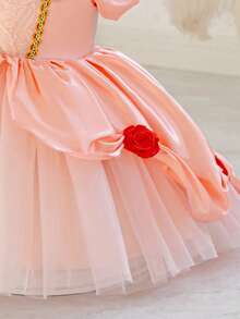 SHEIN Glamorique Kids 西瓜粉公主裙，西瓜粉缎面蓬蓬裙，舞会礼服，优雅派对礼服，夏季，春季，圣诞节儿童礼服，派对服装，圣诞老人礼服，新年礼服，圣诞节，女婴万圣节礼服，女婴舞会礼服，女婴，公主裙，红黄丝带舞台，红色宝石，立体玫瑰表演，华丽礼服，秋冬新款 - 西瓜粉 - 查看 5