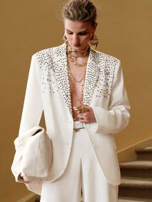 Arave 女士优雅约会之夜西装外套，饰有手工水晶设计和宽松廓形 - 白色 - 查看 2