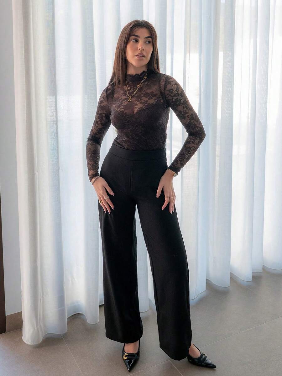 Hitanina 女式花卉蕾丝立领长袖性感紧身衣 - 咖啡棕 - 查看 1