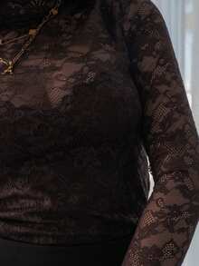Hitanina 女式花卉蕾丝立领长袖性感紧身衣 - 咖啡棕 - 查看 6