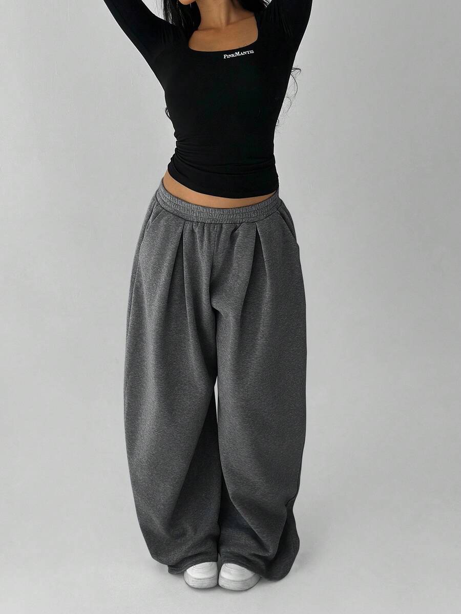 FavEase Women's Fleece Elastic Waist Solid Color Pleated Casual Sweatpants - Dark Grey - View 1
