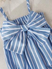 Cozy Pixies Baby Girl Colorful Striped Bow Decor Sleeveless Romper, Versatile & Comfortable,Baby Girl's Blue Stripe Bow Romper & Headband Set - Sleeveless Bubble Romper With Oversized Bow - Blue - View 4