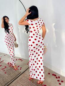 SHEIN SXY 女士波点优雅收腰不对称露肩长连衣裙，适合约会和派对穿着 - 彩色 - 查看 2