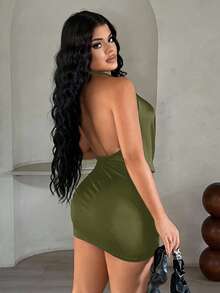 SHEIN SXY 优雅性感深V露背迷你连衣裙 - 軍綠色 - 查看 2