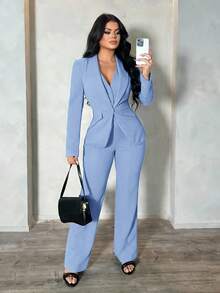 SHEIN SXY Blue Knitted Fabric Long Sleeve Shawl Collar Elegant Suit Set For Women With Zipper Details - Blue - View 4