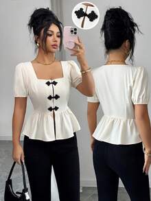 Elenzga Ladies Square Neck Cheongsam Button Short Sleeve Elegant Summer Shirts - Apricot - View 1