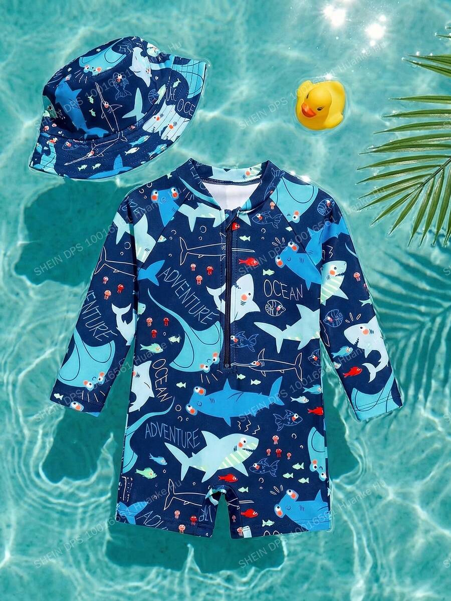 SHEIN 2pcs Baby Boy/Girl Casual Cute Shark Print Long Sleeve Swimsuit With Swim Cap, Suitable For Spring/Summer Vacation, Beach, Pool Party