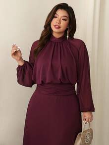 Firerie Đầm thanh lịch cổ đứng tay raglan dáng phồng màu trơn dành cho nữ cỡ lớn - Màu tím - Xem 1