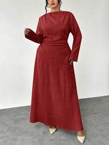 Firerie 大码春夏秋冬优雅休闲办公两件套：长袖不对称褶皱腰身修身衬衫 + 常规A字裙 - 酒紅色 - 查看 7