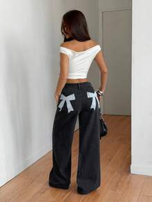 SHEIN Muchic Women's Black Low-Rise Wide-Leg Jeans With Bow Print On The Back , Y2K Casual Style, Music Festival. - Black - View 4