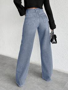 SHEIN Cottnline Casual Commuter High Waist Straight-Leg Washed Jeans - Light Wash - View 2