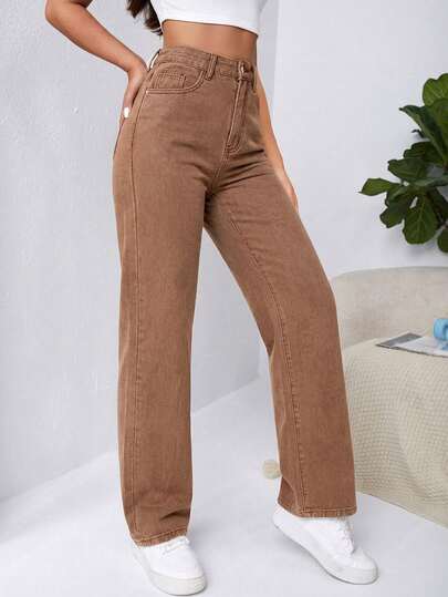 Rivivi Quần jeans ống rộng cạp cao, túi xéo kiểu boyfriend