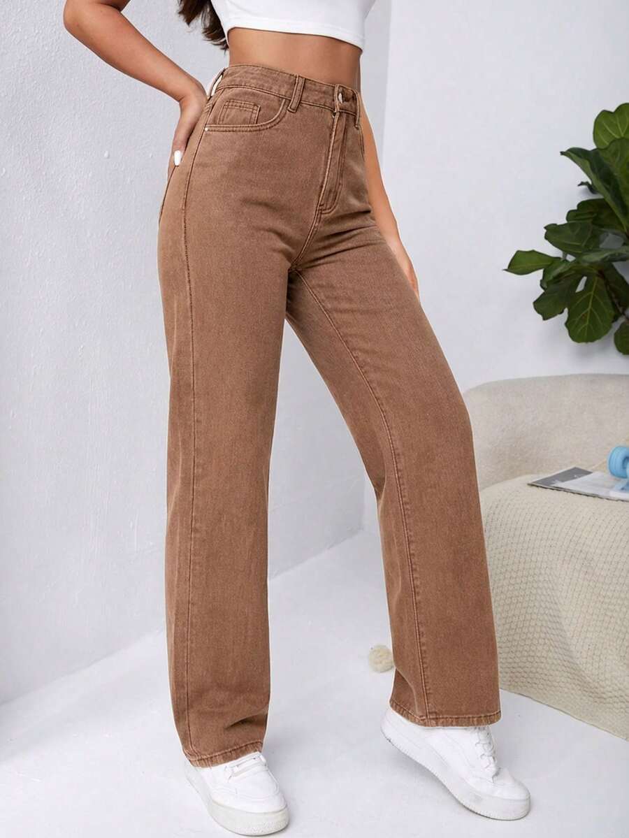 SHEIN EZwear Jeans holgados de tiro alto con bolsillos en diagonal - Marrón - Ver 1