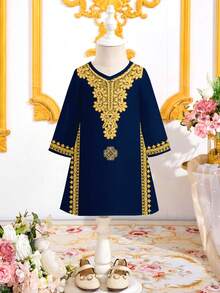 Elegant Vintage Burgundy Lace Print Dress For Young Girls, Suitable For Spring/Summer, Festive Occasions - White - View 3