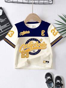 Tricou pentru bebeluși băieți, casual, lejer, cu guler rotund și mânecă scurtă, potrivit pentru primăvară/vară, tricou clasic elegant cu imprimeu grafic numărul 23, casual, lejer, cu guler rotund și mânecă scurtă, potrivit pentru primăvară/vară, tricou clasic cu imprimeu grafic în blocuri de culori pentru bebeluși băieți, casual, lejer, cu guler rotund și mânecă scurtă, potrivit pentru primăvară/vară, imprimeu grafic clasic cu numele orașului