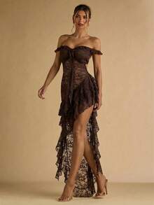 SHEIN BAE 夏季女士绿色吊带露背荷叶边3D立体花卉蕾丝连衣裙，度假连衣裙，夏季连衣裙，优雅连衣裙 - 咖啡棕 - 查看 5