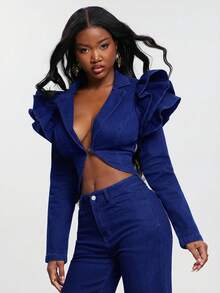 NYA SZN Destiny Jacket Cropped Seaming Long Sleeve Bolero Denim Ruffle Sleeve Stretch Dark Wash Office Business Casual Everyday Concert Western Special Event Party Elevated Raw Denim Classy Elegant Fall Winter Outfits For Women - Blue - View 4