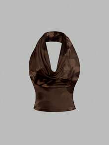 SHEIN MOD Casual Minimalist Vacation Bohemian Elegant Romantic Retro Brown Ombre Gradient Floral Print Pattern, Suitable For Spring/Summer Comfortable Off-Shoulder Draped Neck Versatile Women Tank Top Spring - Multicolor - View 2