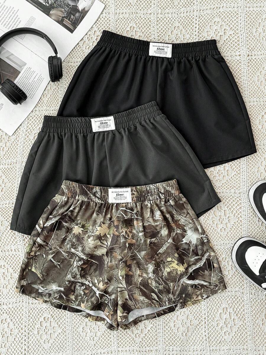 SHEIN 三条装少女弹力腰宽松针织短裤,黑色、深灰色搭配流行树枝印花图案,四季皆宜的百搭休闲短裤,适合返校、居家穿着。 - 彩色 - 查看 1