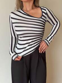 Jeta Ari 不对称条纹腰部镂空优雅浪漫女士长袖T恤，休闲通勤装，万圣节，黑白 - 黑與白 - 查看 3