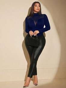 NU&NOW Plus Size Women Solid Color Mesh Long Sleeve High Neck Slim Fit T-Shirt For Spring - Navy Blue - View 3