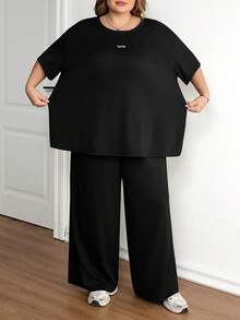 SHEIN CURVE+ 加大码黑色纹理针织上衣+宽松阔腿裤两件套，女士舒适休闲两件套 - 黑色 - 查看 5