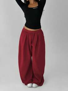 FavEase Women's Fleece Elastic Waist Solid Color Pleated Casual Sweatpants - Burgundy - View 5