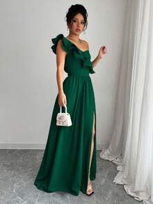 Nuevo vestido negro asimétrico sexy con hombro plisado, recorte hueco y abertura alta, adecuado para vacaciones, citas y fiestas en verano - Verde - Ver 3