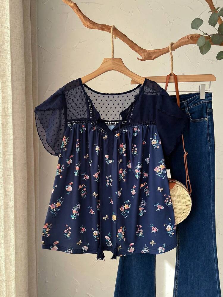 Rusticease Blusa de manga corta con cuello redondo, estampado floral azul marino, de corte holgado, para mujer talla grande, ideal para vacaciones y uso casual, sencilla y de moda para uso diario, apropiada para verano, vacaciones, trayectos, y uso cotidiano - Azul Marino - Añade 5