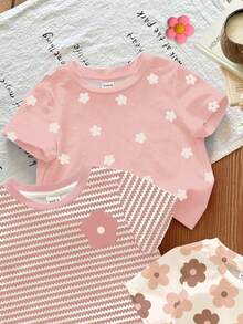 3件套可爱花卉系列，奶油白、粉色条纹、粉白相间，少女休闲简约圆领短袖百搭T恤，适合日常、居家、度假等场合，可轻松搭配，舒适百搭，适合叠穿，时尚少女，休闲装，儿童花卉图案服装，时尚秋季，冬季新款，清凉舒适。 - 彩色 - 查看 4