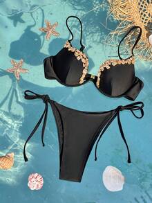 Swim SXY 华丽水钻装饰钢圈女士泳装套装，性感比基尼两件套，优雅女士泳装，适合海滩度假、音乐节、春夏穿着 - 黑色 - 查看 2