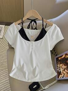 INAWLY Summer Casual Contrast Color Sleeveless Top - Black and White - View 3