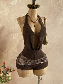 Soleia New Casual Vacation Western Beach Wedding Guest Attire Graduation Brunch Women's St. Patrick's Day Spring Break Easter Music Festival Elegant Bohemian Tropical Halter Backless Metal Beaded Textured Jumpsuit - Multicolor - View 9