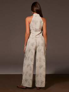 Athîral 女士休闲无袖不对称梭织宽松上衣和阔腿裤两件套，春夏款 - 杏色 - 查看 5