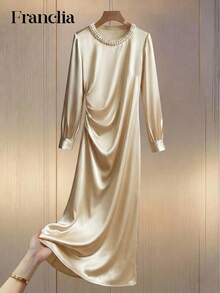 Franclia Women's Beige Satin Fabric Slim-Fit Pencil Skirt With Beaded Embellishments And Pleats. Elegant Long Dress For Dates And Parties. - Apricot - View 3