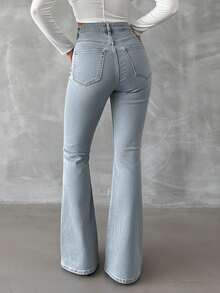 EURMUSE 98%Cotton Zip Front Slant Pocket Casual Flare Jeans - Baby Blue - View 2