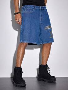 ROMWE MEN 男士夏季休闲龙纹刺绣斜插口袋牛仔短裤 - 藍色 - 查看 6