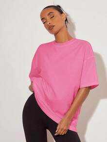 SHEIN BASICS 女士纯色简约短袖T恤，休闲日常穿着 - 玫紅色 - 查看 5