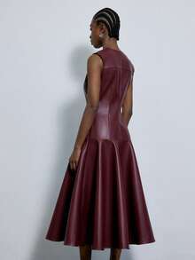 Aveloria Modichic Robe élégante rouge bourgogne avec jupe évasée, design de ceinturage à la taille, col rond, sophistiquée et minimaliste, polyvalente pour le travail et les tenues décontractées - Rouge foncé - Voir 3