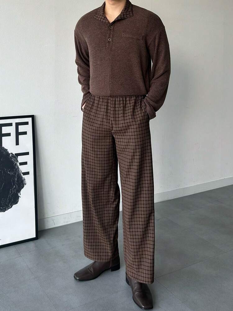 Brown Patchwork Collar Men's Shirt And Plaid Pants Suit Set, Spring/Autumn