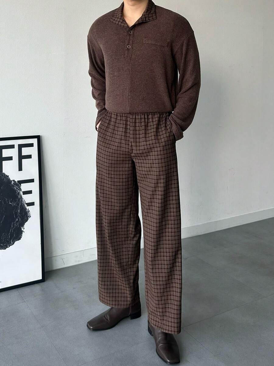 DAZY Brown Patchwork Collar Men's Shirt And Plaid Pants Suit Set, Spring/Autumn