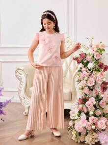 Elladie kids Tween Girl 3D Floral Decor Round Neck Blouse And Wide Leg Pleated Pants Set,Pastel Pink,Summer,Country,Concert Party Wear Outfits For Girls 13 14 - Pink - View 5