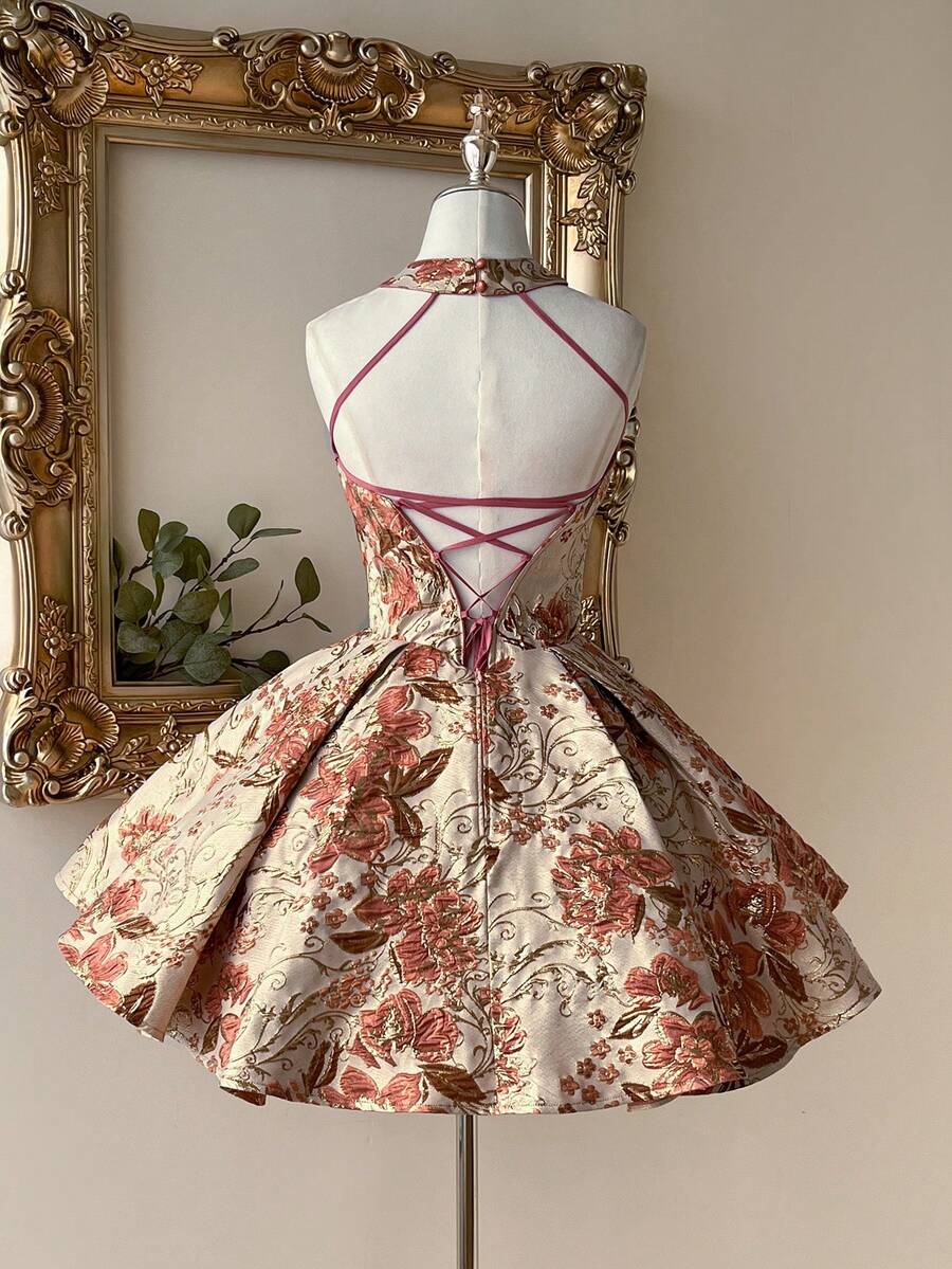 Lovelzi Đầm xòe chữ A sang trọng kiểu cung đình, chất liệu vải jacquard màu xanh lá cây, cổ yếm, hở lưng, dây chéo, thích hợp cho các buổi hẹn hò, kỳ nghỉ, tiệc độc thân, dạ hội, đám cưới, lễ tốt nghiệp, dạ tiệc prom. - Bụi hồng - Xem 1