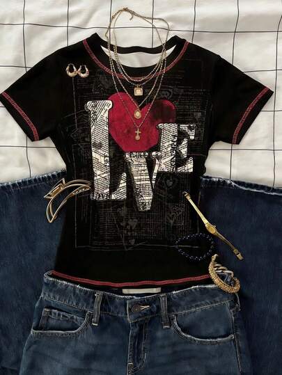 Glimmora Y2K嘻哈复古LOVE拼布图案T恤，圆领短袖，适合日常聚会和音乐节穿着