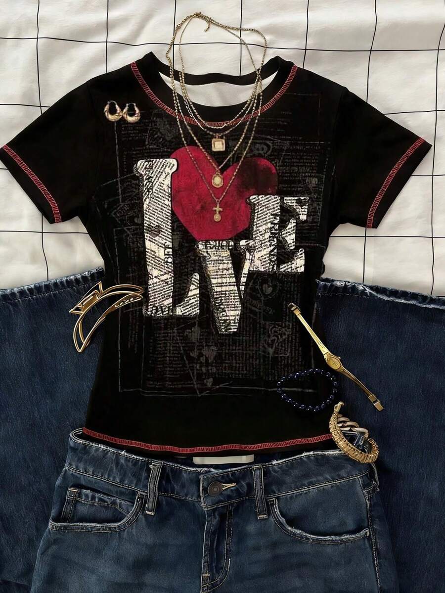 Glimmora Y2K Hip-Hop Retro LOVE Patchwork Pattern T-Shirt, Round Neck Short Sleeve Tee, Suitable For Daily Gatherings And Music Festivals - Apricot - View 1