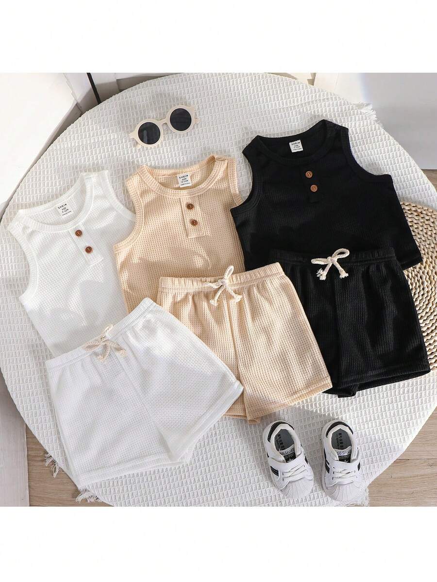 Loomiva Set de 6 piezas de chaleco y pantalones cortos de punto casual y lindo para bebé niño, paquete básico, verano - Multicolor - Ver 1