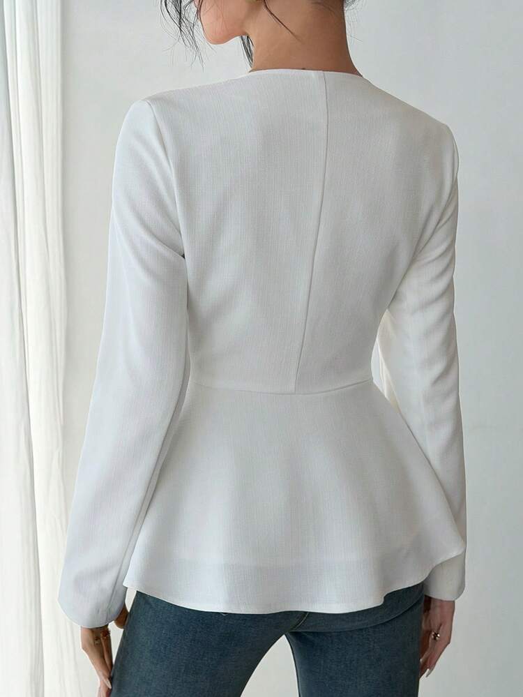 Women's Elegant Solid Color V-Neck Faux Pocket Pleated Regular Jacket, Spring/Summer,Wedding Guest Dress Women